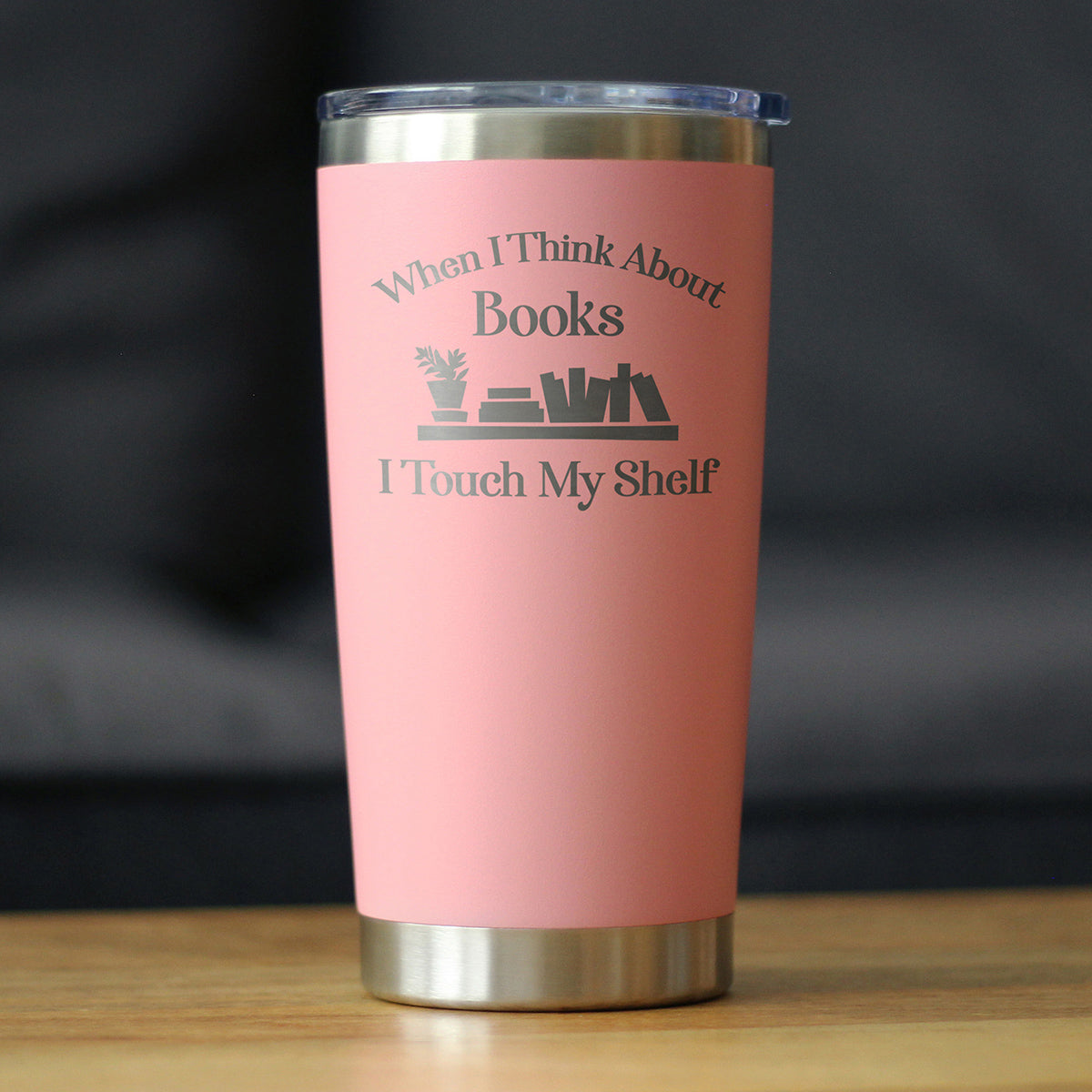 TOUCH MY SHELF - INSULATED COFFEE TUMBLER CUP WITH SLIDING LID - STAINLESS STEEL INSULATED MUG - FUNNY OUTDOOR CAMPING MUG FOR LOVERS OF BOOKS AND READERS