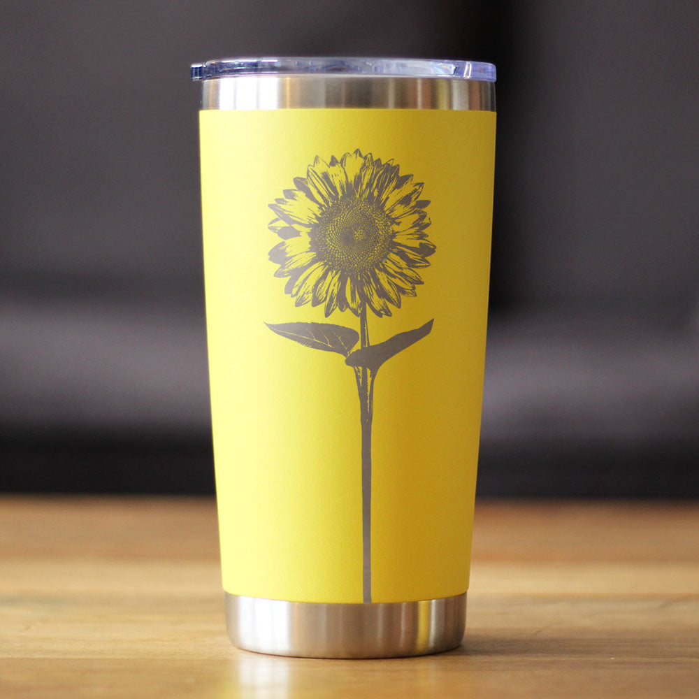 SUNFLOWER - INSULATED COFFEE TUMBLER CUP WITH SLIDING LID - STAINLESS STEEL INSULATED MUG - FLOWER DÉCOR GIFTS