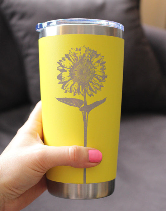 SUNFLOWER - INSULATED COFFEE TUMBLER CUP WITH SLIDING LID - STAINLESS STEEL INSULATED MUG - FLOWER DÉCOR GIFTS