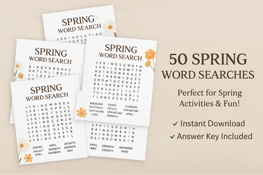 50 Spring Word Search Puzzles with Answers – Instant Download