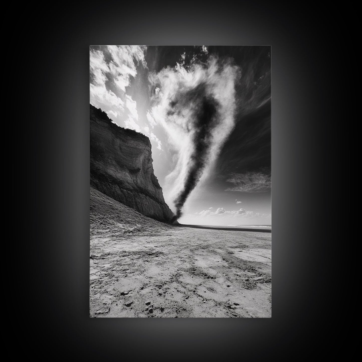 TORNADO BEACH SCENE, STORMY SKIES, BLACK AND WHITE DRAMA, NATURE PHOTOGRAPHY, FRAMED CANVAS PRINT, OFFICE WALL ART, MOODY MINIMALIST DECOR