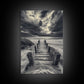 STORMY BEACH DOCK, DRAMATIC SKIES, COASTAL MOOD, FRAMED CANVAS PRINT, FALL WALL ART, ENTRYWAY DECOR, MOODY SEASCAPE, RUSTIC COASTAL HOME