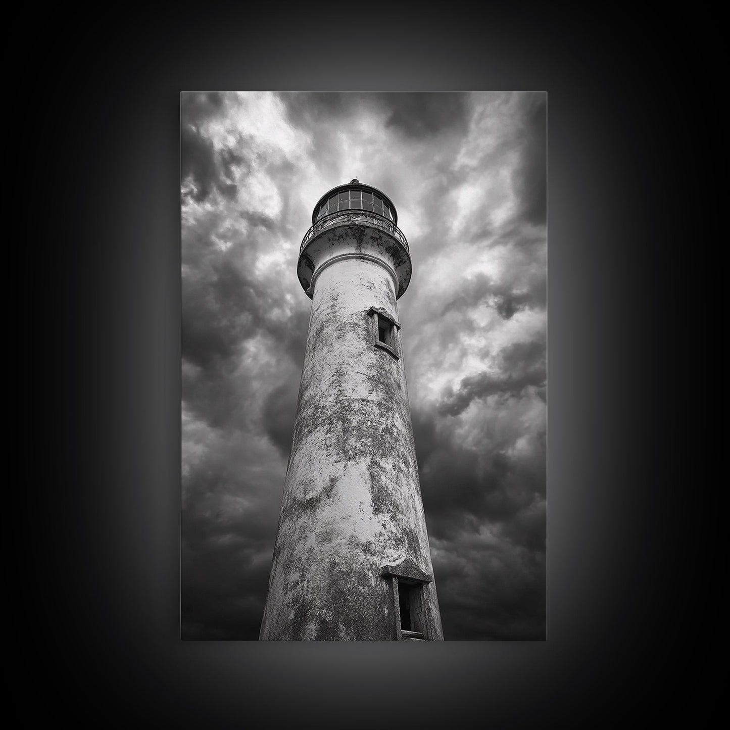 STORMY LIGHTHOUSE CLOSEUP, DRAMATIC SKIES, WEATHERED BEACON, CANVAS PRINT, COASTAL DECOR, DARK NAUTICAL WALL ART, MOODY OCEAN THEME