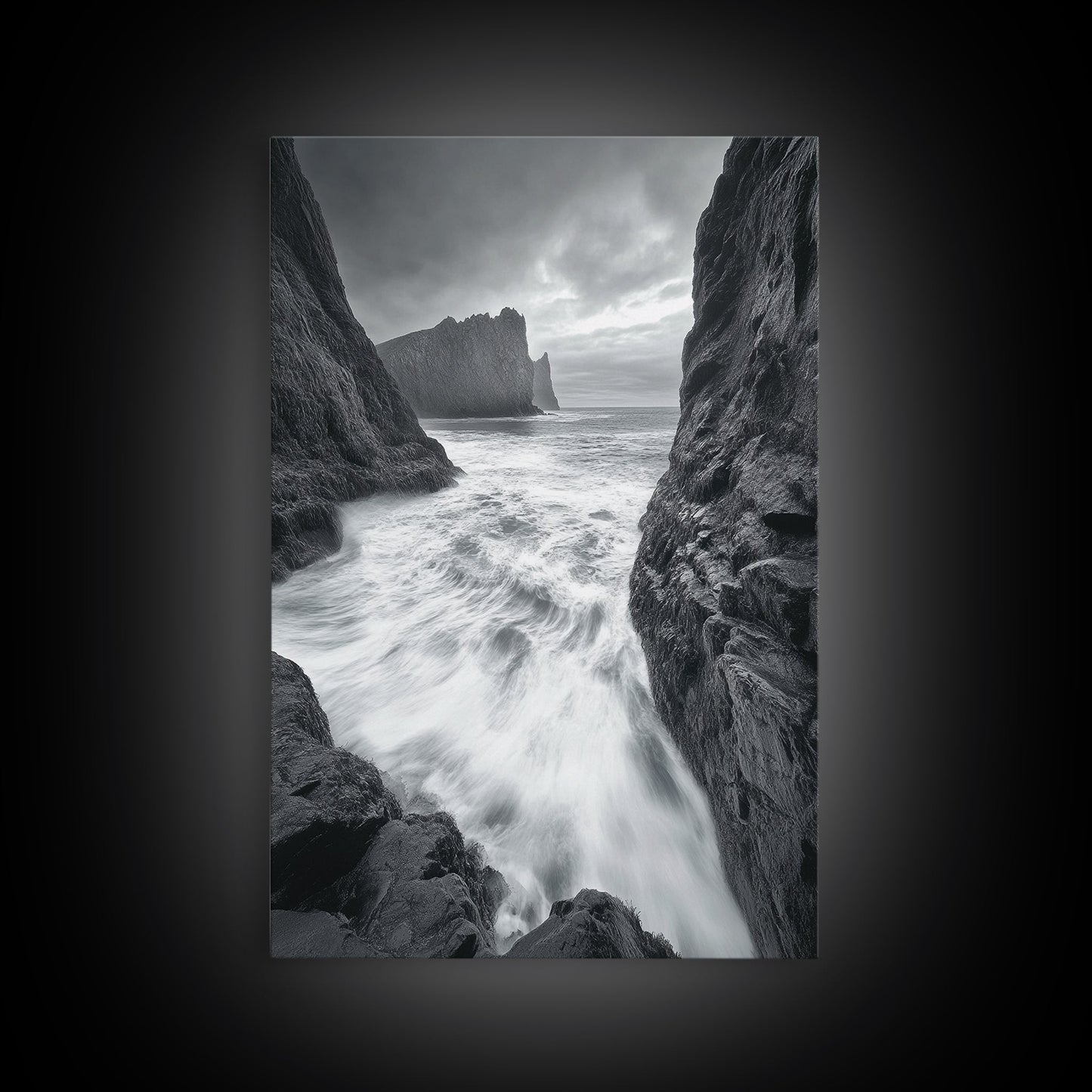STORMY COAST, CRASHING WAVES, OCEAN DRAMA, FRAMED CANVAS PRINT, LIVING ROOM WALL ART, BOLD SEASCAPE PHOTOGRAPHY, MONOCHROME MODERN ART