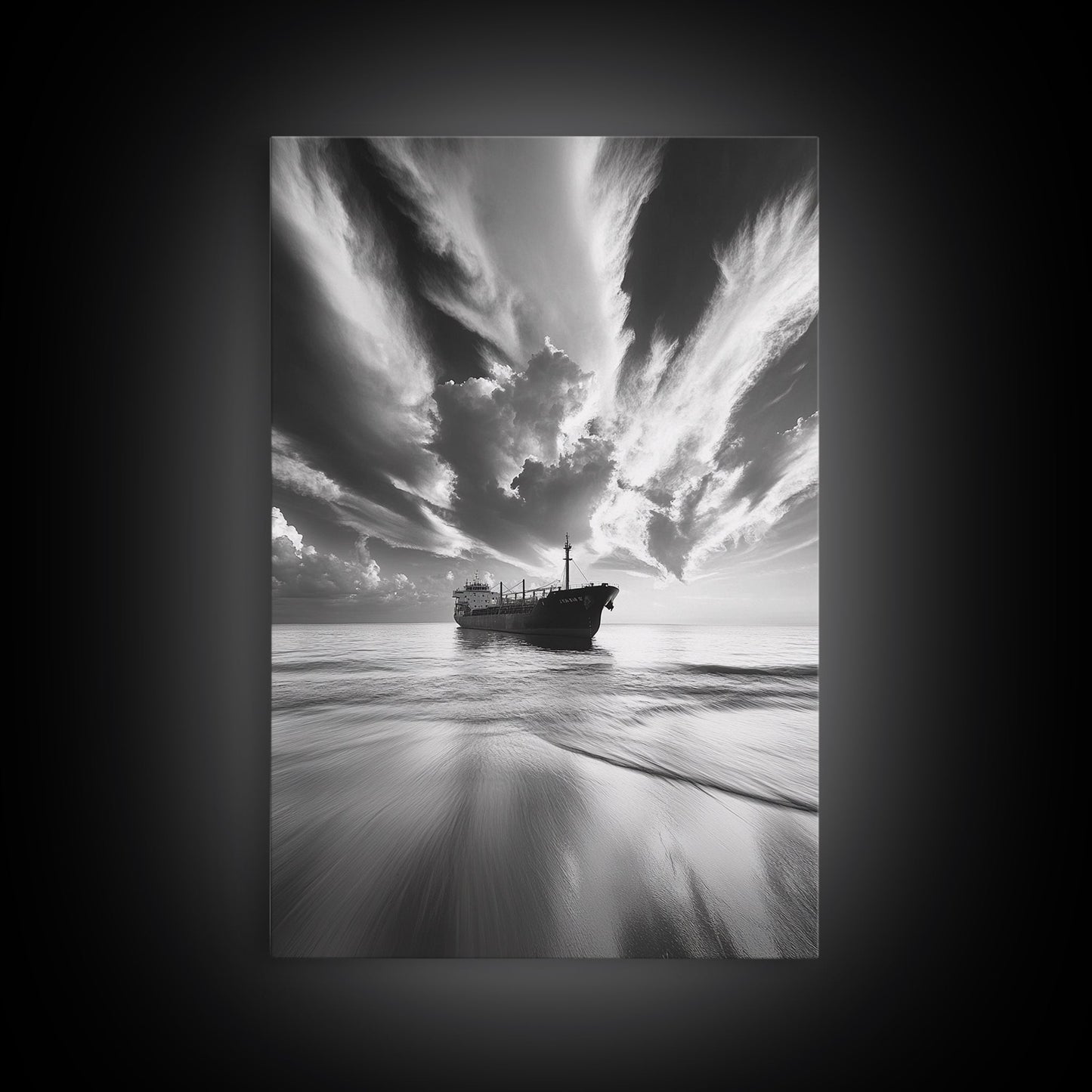STORMY SKY SHIP, DRAMATIC SEASCAPE, BLACK WHITE PHOTOGRAPHY, OCEAN NAUTICAL DECOR, FRAMED CANVAS PRINT, COASTAL WALL ART, MOODY MINIMALIST