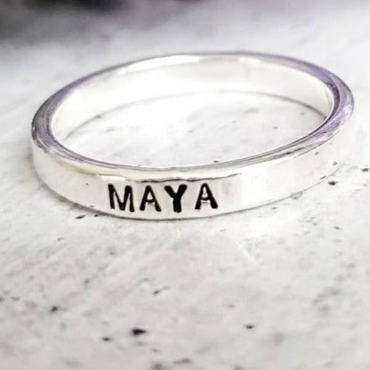 CUSTOM SKINNY SILVER NAME RING
