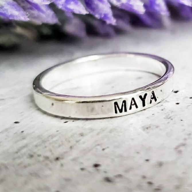 CUSTOM SKINNY SILVER NAME RING