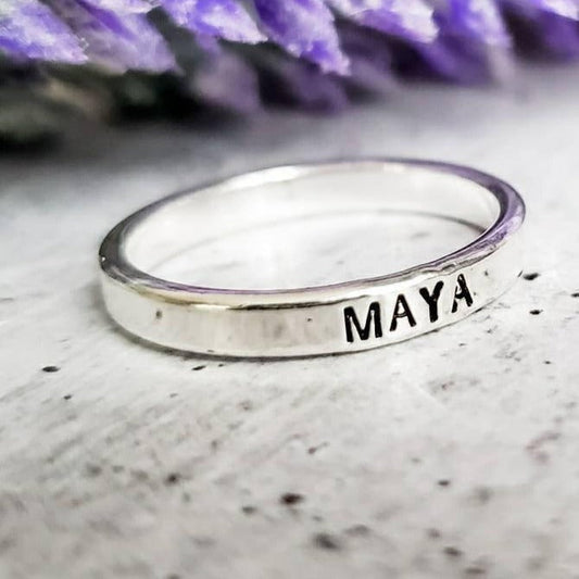 CUSTOM SKINNY SILVER NAME RING