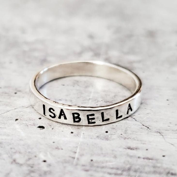 CUSTOM SKINNY SILVER NAME RING