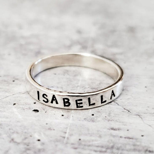 CUSTOM SKINNY SILVER NAME RING