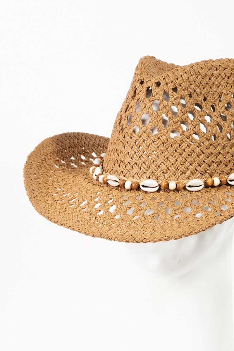 FAME COWRIE SHELL BEADED STRING STRAW HAT-Thriftique Marketplace