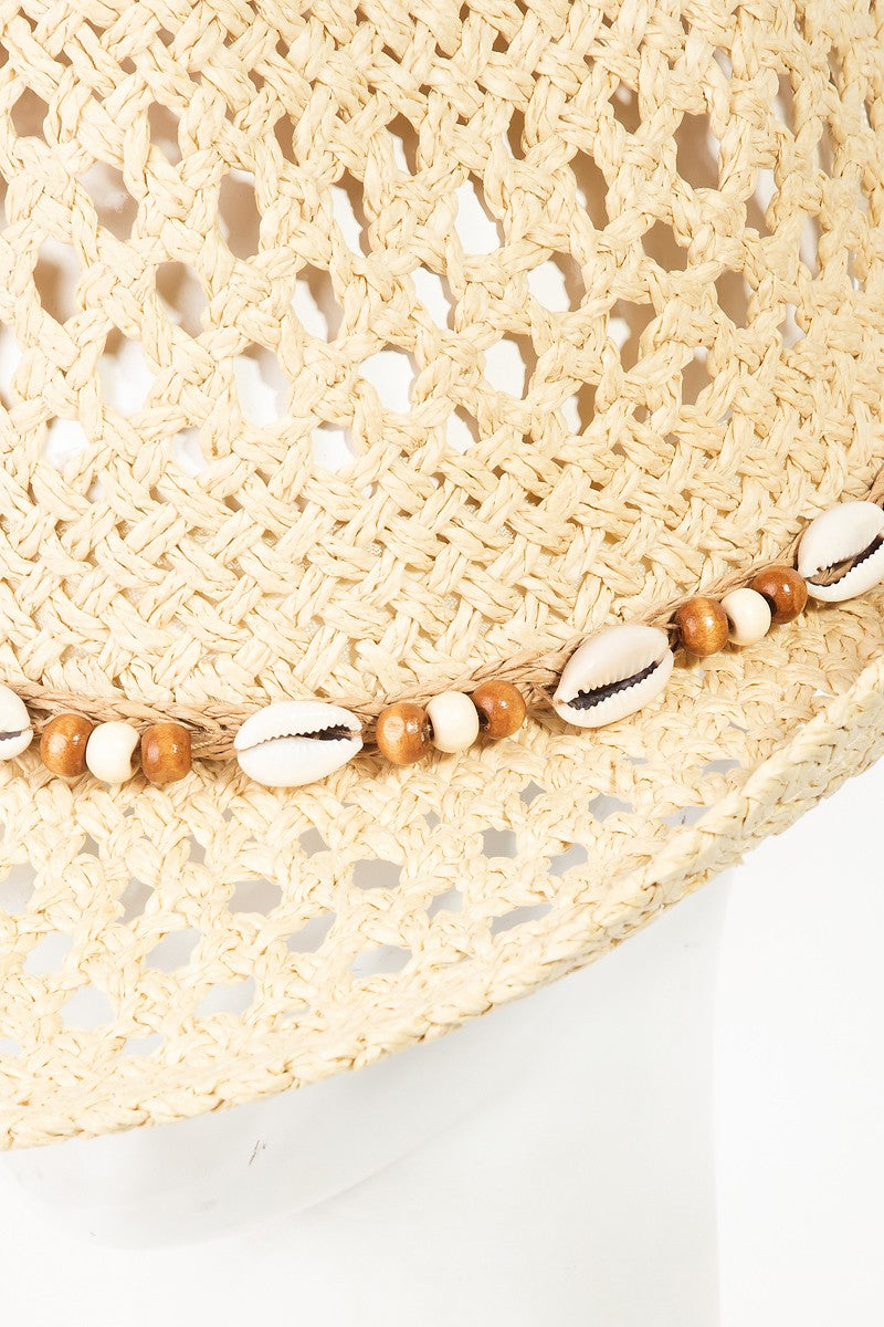 FAME COWRIE SHELL BEADED STRING STRAW HAT-Thriftique Marketplace