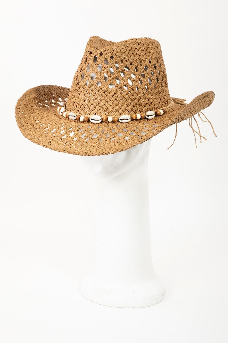 FAME COWRIE SHELL BEADED STRING STRAW HAT-Thriftique Marketplace