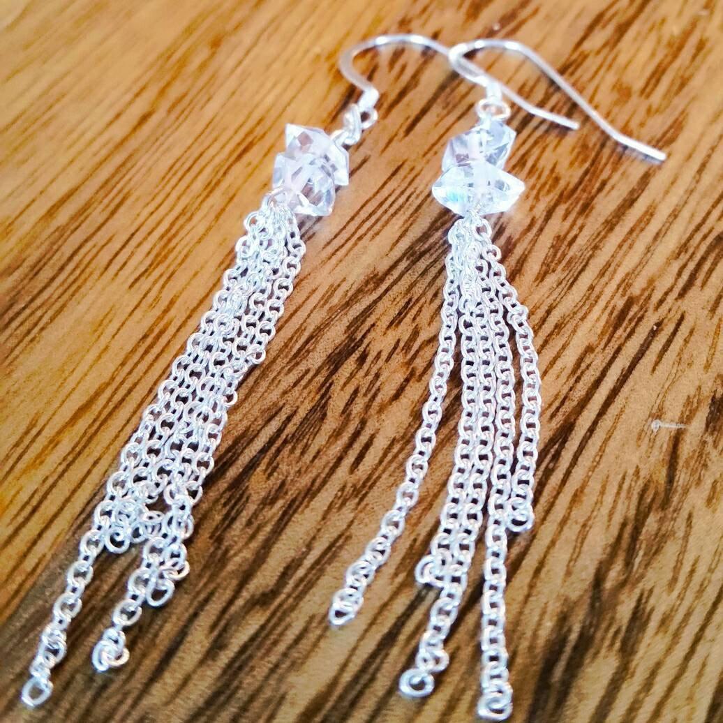HERKIMER DIAMOND DANGLING CHAIN EARRINGS