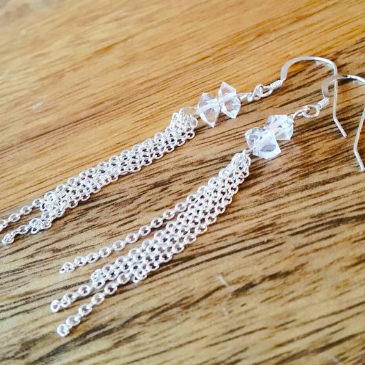 HERKIMER DIAMOND DANGLING CHAIN EARRINGS