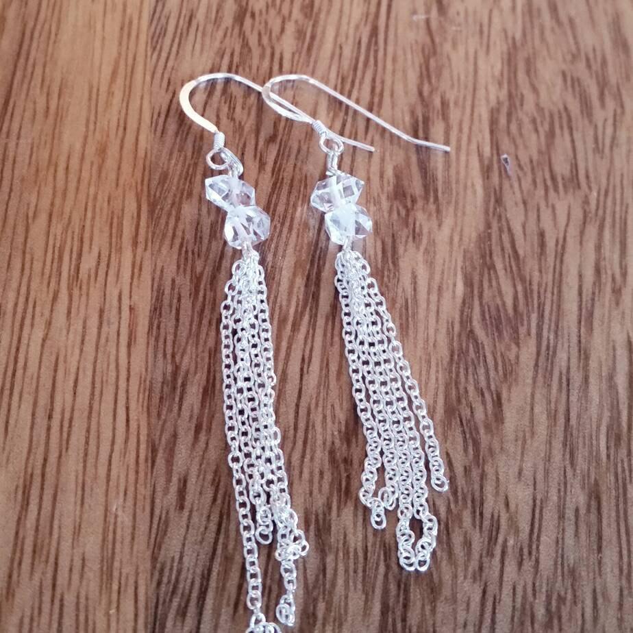 HERKIMER DIAMOND DANGLING CHAIN EARRINGS