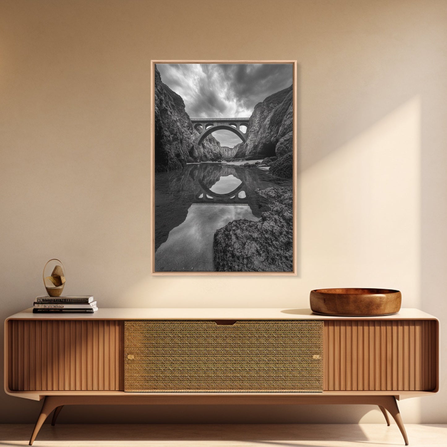 STONE BRIDGE, REFLECTIONS, RIVER ARCHWAY, NATURE DRAMA, FRAMED CANVAS PRINT, LANDSCAPE WALL ART, MONOCHROME PHOTOGRAPHY, ENTRYWAY ART