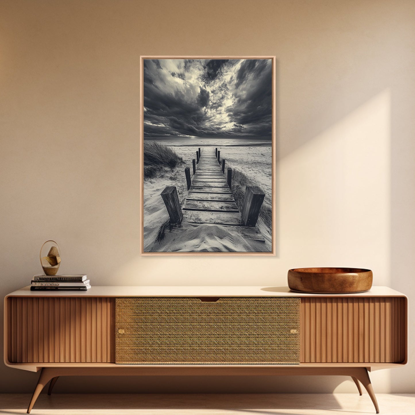 STORMY BEACH DOCK, DRAMATIC SKIES, COASTAL MOOD, FRAMED CANVAS PRINT, FALL WALL ART, ENTRYWAY DECOR, MOODY SEASCAPE, RUSTIC COASTAL HOME