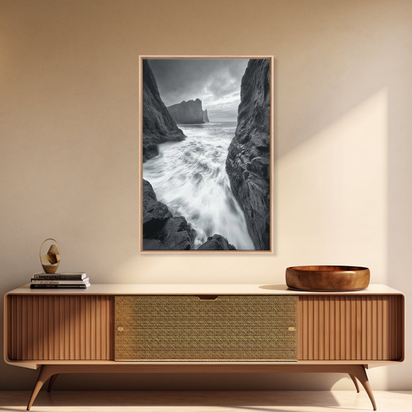 STORMY COAST, CRASHING WAVES, OCEAN DRAMA, FRAMED CANVAS PRINT, LIVING ROOM WALL ART, BOLD SEASCAPE PHOTOGRAPHY, MONOCHROME MODERN ART