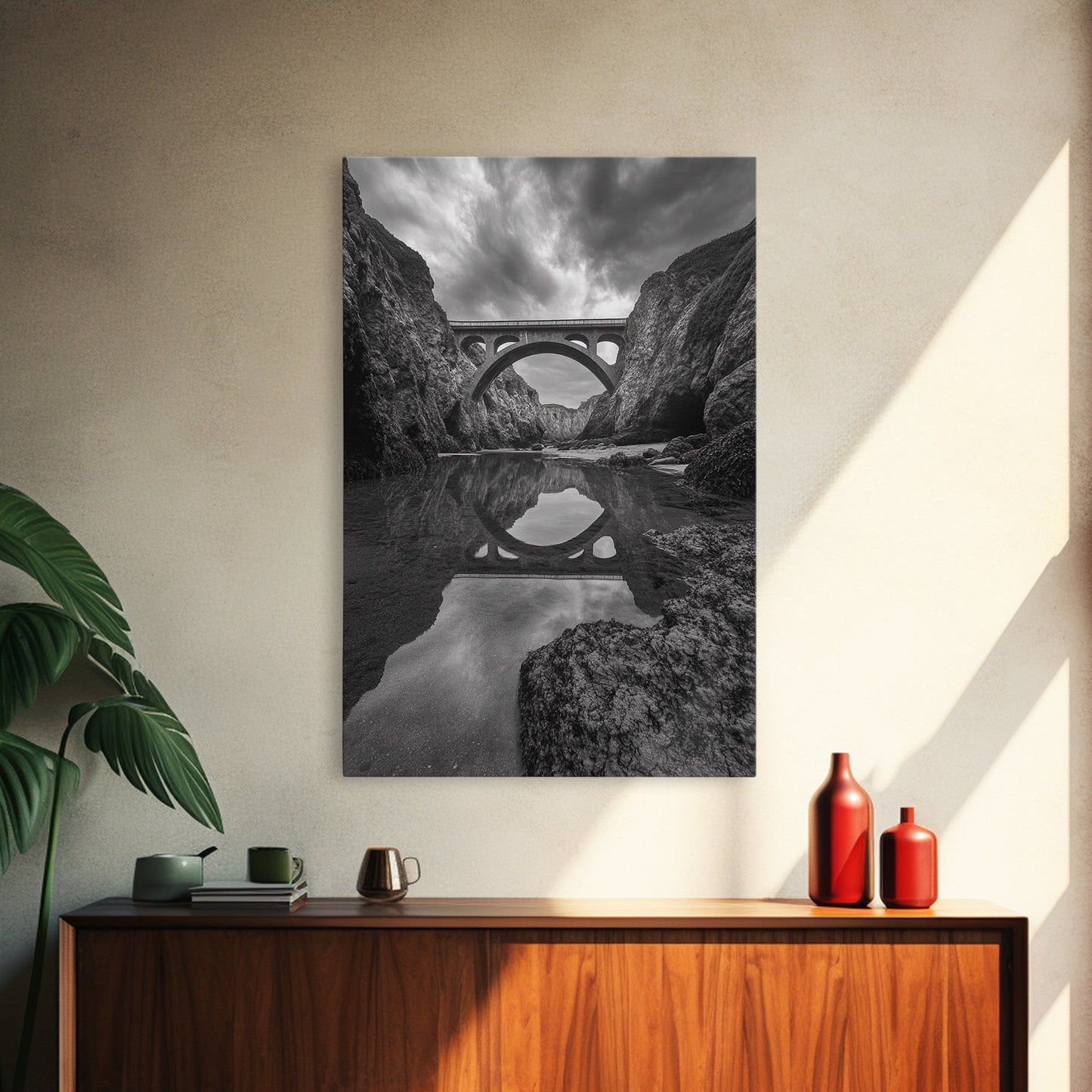STONE BRIDGE, REFLECTIONS, RIVER ARCHWAY, NATURE DRAMA, FRAMED CANVAS PRINT, LANDSCAPE WALL ART, MONOCHROME PHOTOGRAPHY, ENTRYWAY ART