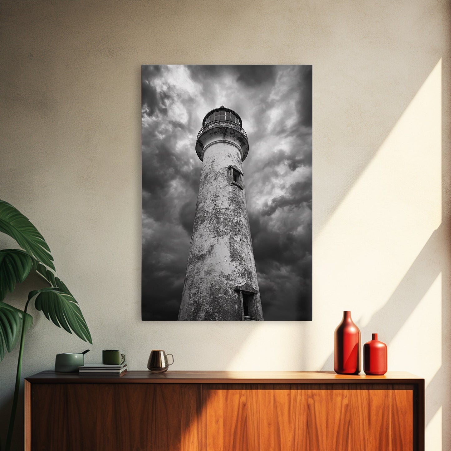 STORMY LIGHTHOUSE CLOSEUP, DRAMATIC SKIES, WEATHERED BEACON, CANVAS PRINT, COASTAL DECOR, DARK NAUTICAL WALL ART, MOODY OCEAN THEME