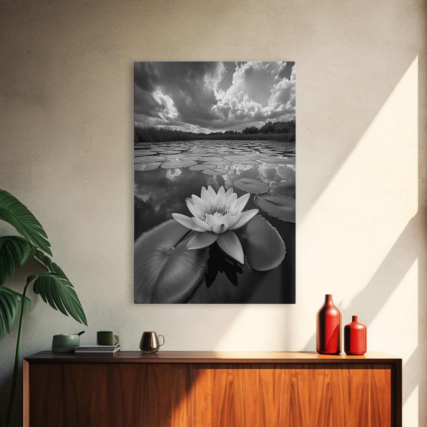 TRANQUIL LOTUS, CLOUD REFLECTIONS, WATER LILY POND, FRAMED CANVAS PRINT, ZEN WALL ART, SPA BATHROOM DECOR, MODERN NATURE PHOTOGRAPHY