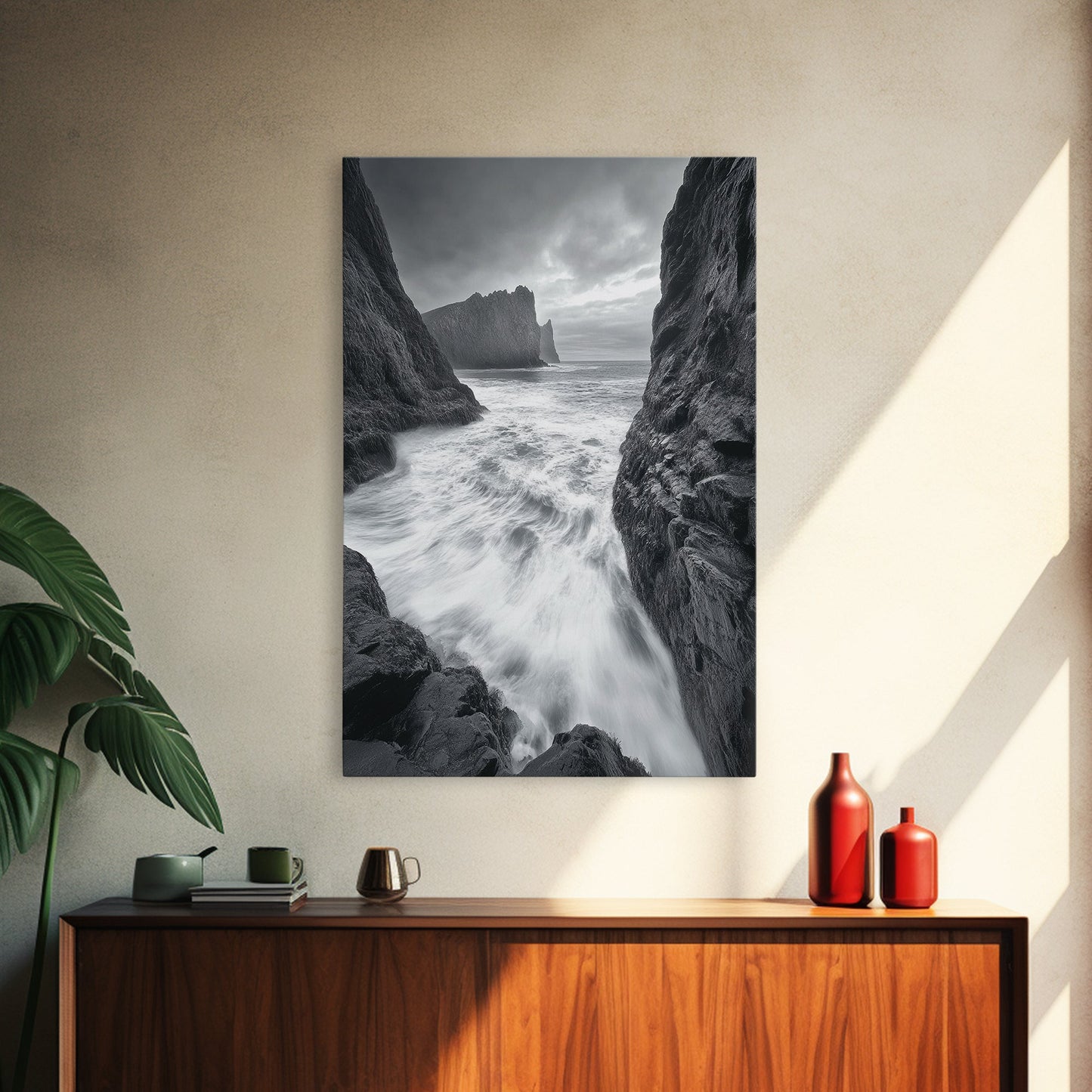 STORMY COAST, CRASHING WAVES, OCEAN DRAMA, FRAMED CANVAS PRINT, LIVING ROOM WALL ART, BOLD SEASCAPE PHOTOGRAPHY, MONOCHROME MODERN ART