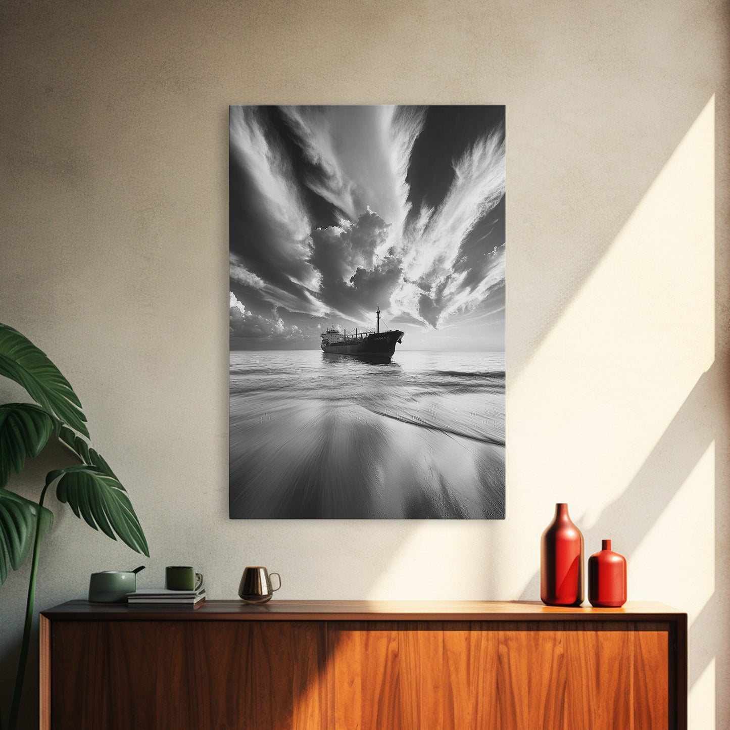 STORMY SKY SHIP, DRAMATIC SEASCAPE, BLACK WHITE PHOTOGRAPHY, OCEAN NAUTICAL DECOR, FRAMED CANVAS PRINT, COASTAL WALL ART, MOODY MINIMALIST