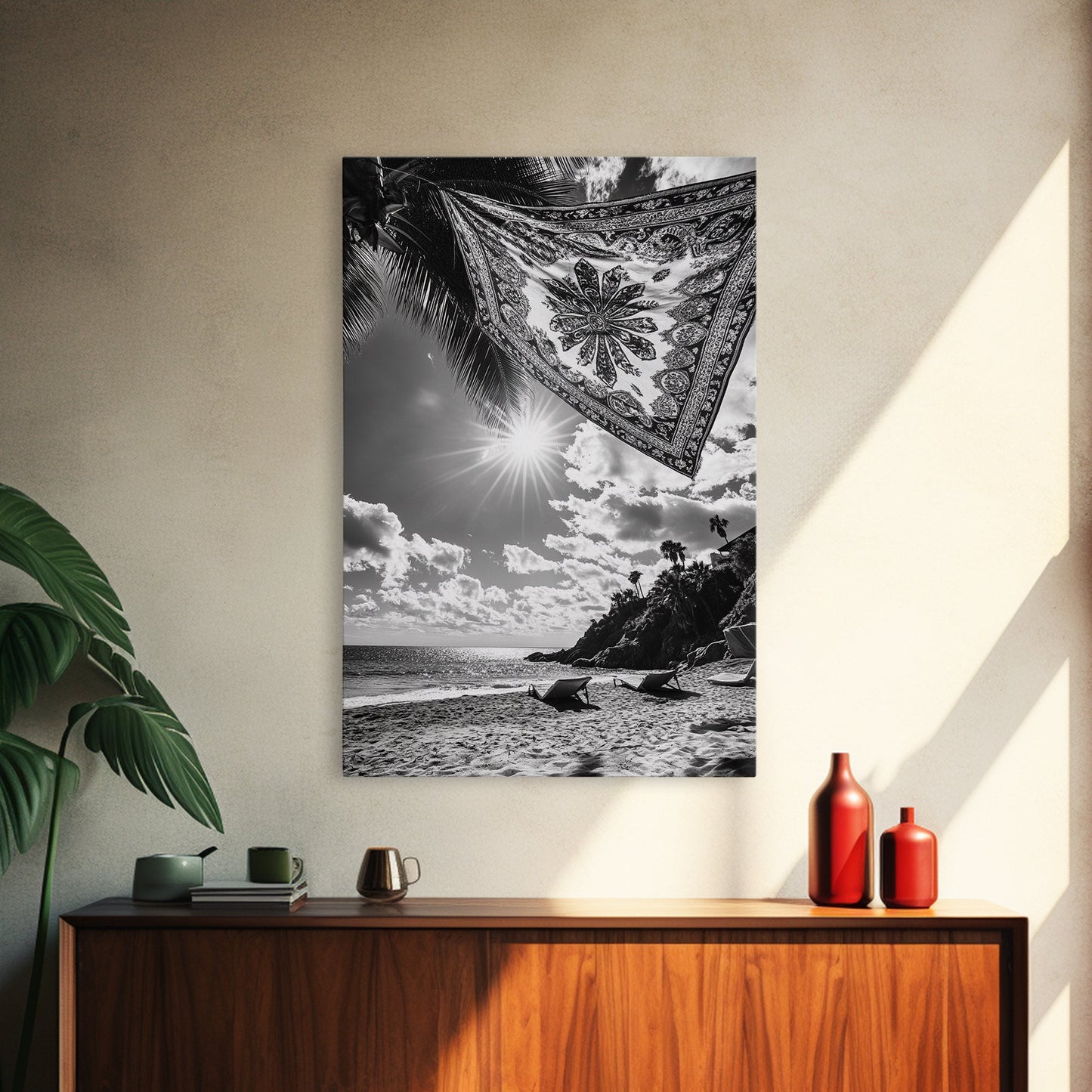 SUNLIT BEACH, BOHO TAPESTRY, RELAXED SEASIDE, CANVAS PRINT, TROPICAL WALL ART, VACATION HOME DECOR, MODERN BOHO VIBES, BEACH HOUSE WALL DECOR