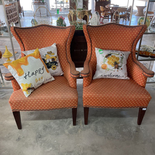 PAIR VINTAGE ORANGE WING BACK CHAIRS-Thriftique Marketplace