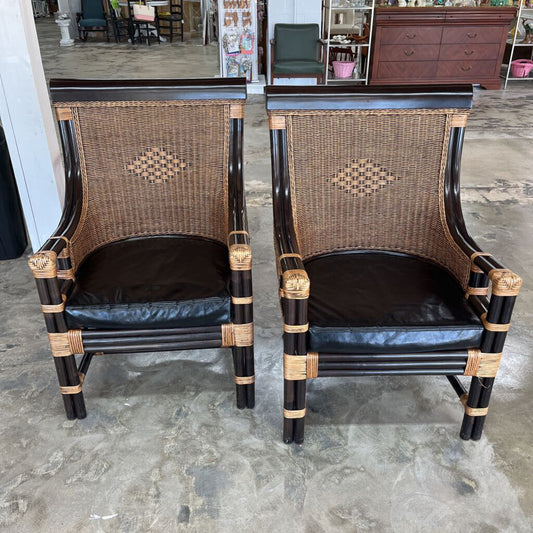 PAIR RATTAN BAMBOO & WICKER CHAIRS BLACK & TAN - PLEASE READ DESCRIPTION