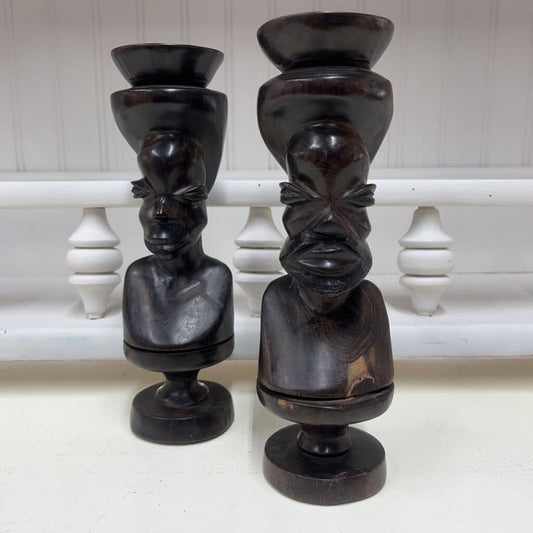 PAIR CARVED EBONY WOOD MEN/WOMEN CANDLEHOLDERS-Thriftique Marketplace