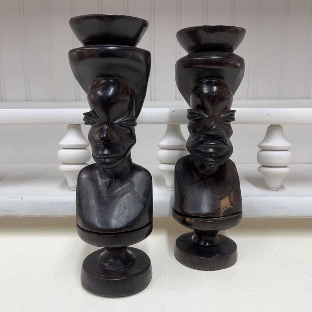 PAIR CARVED EBONY WOOD MEN/WOMEN CANDLEHOLDERS-Thriftique Marketplace