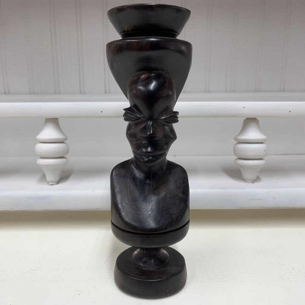 PAIR CARVED EBONY WOOD MEN/WOMEN CANDLEHOLDERS-Thriftique Marketplace