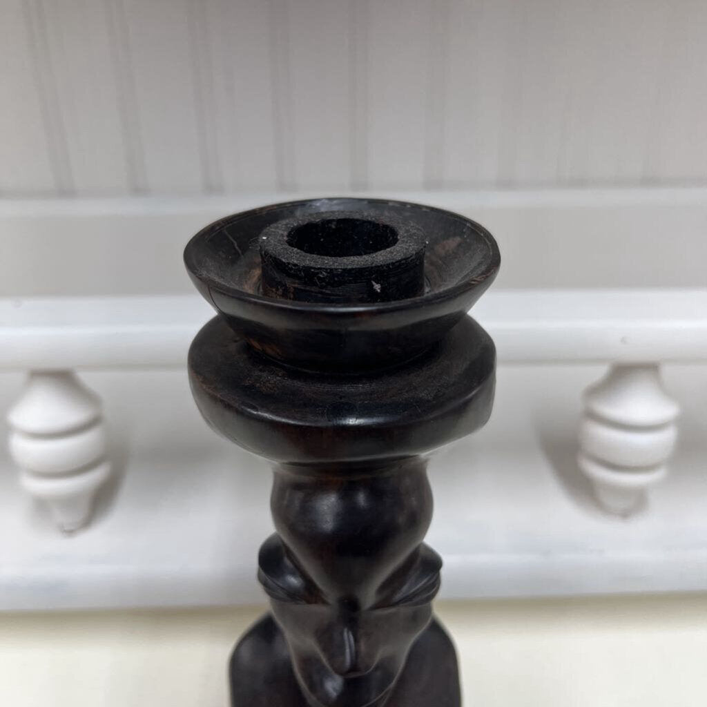 PAIR CARVED EBONY WOOD MEN/WOMEN CANDLEHOLDERS-Thriftique Marketplace