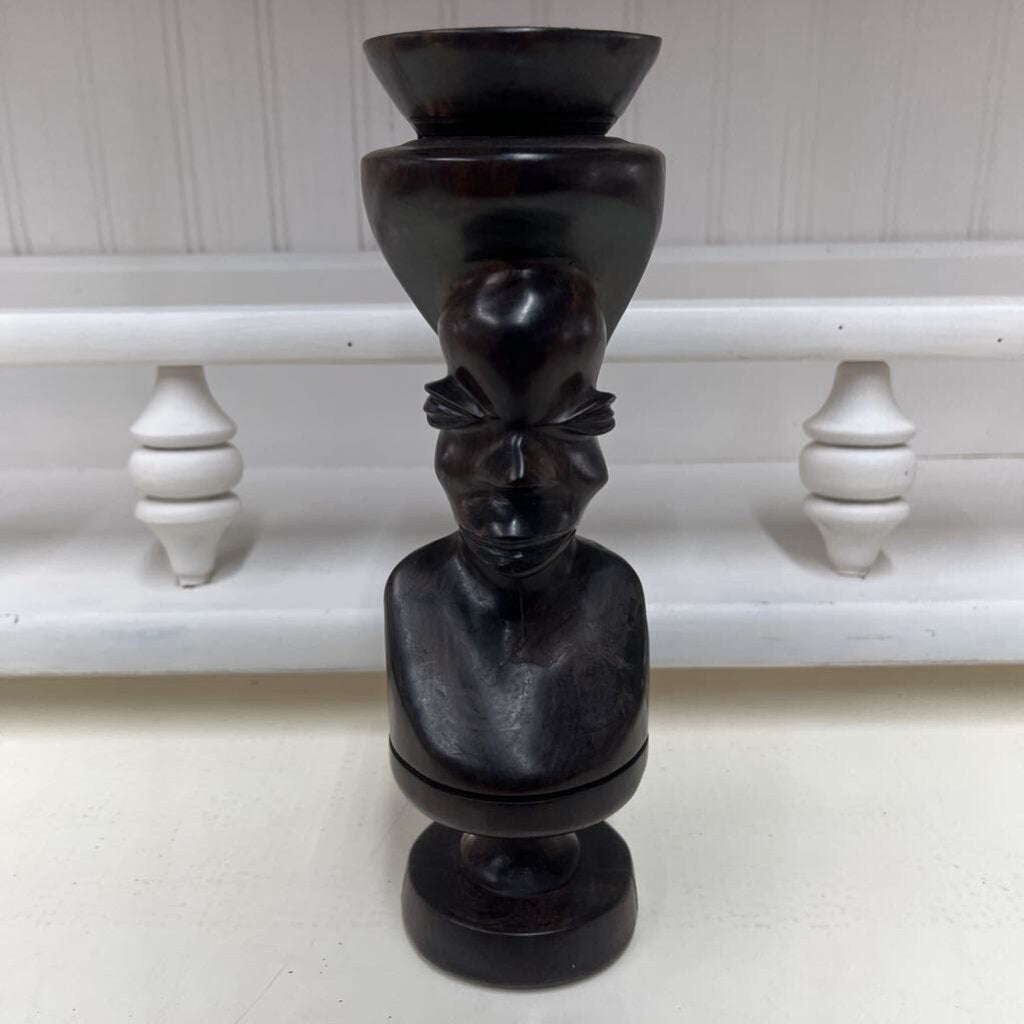 PAIR CARVED EBONY WOOD MEN/WOMEN CANDLEHOLDERS-Thriftique Marketplace