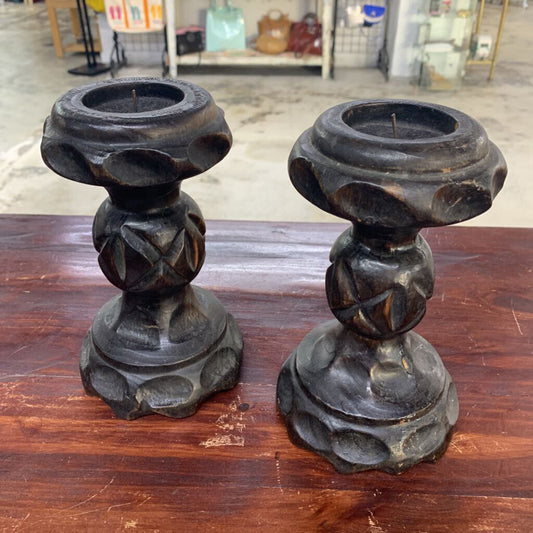 PAIR EBONY WOOD CANDLEHOLDERS-Thriftique Marketplace