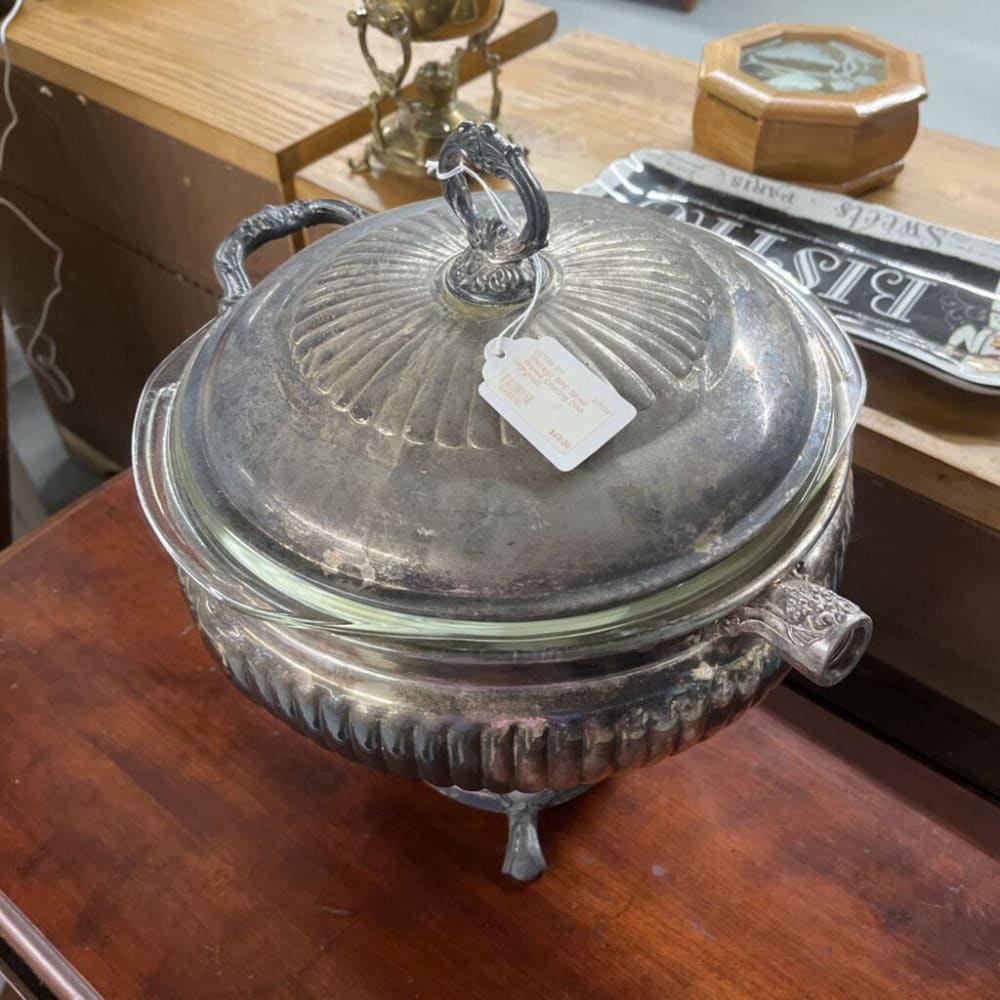 VINTAGE 5PC SILVER PLATED CHAFING DISH (PYREX)