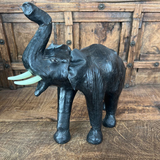 LEATHER LUCKY ELEPHANT WITH TRUNK UP & TUSKS