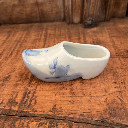 BLUE CERAMIC SHOE CLOG WITH WINDMILL AND SAILBOAT JAPAN