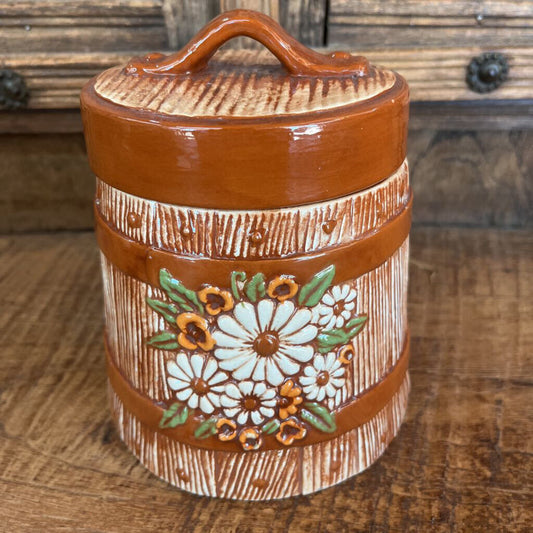 VINTAGE ATLANTIC MOLD CERAMIC BARREL COOKIE JAR