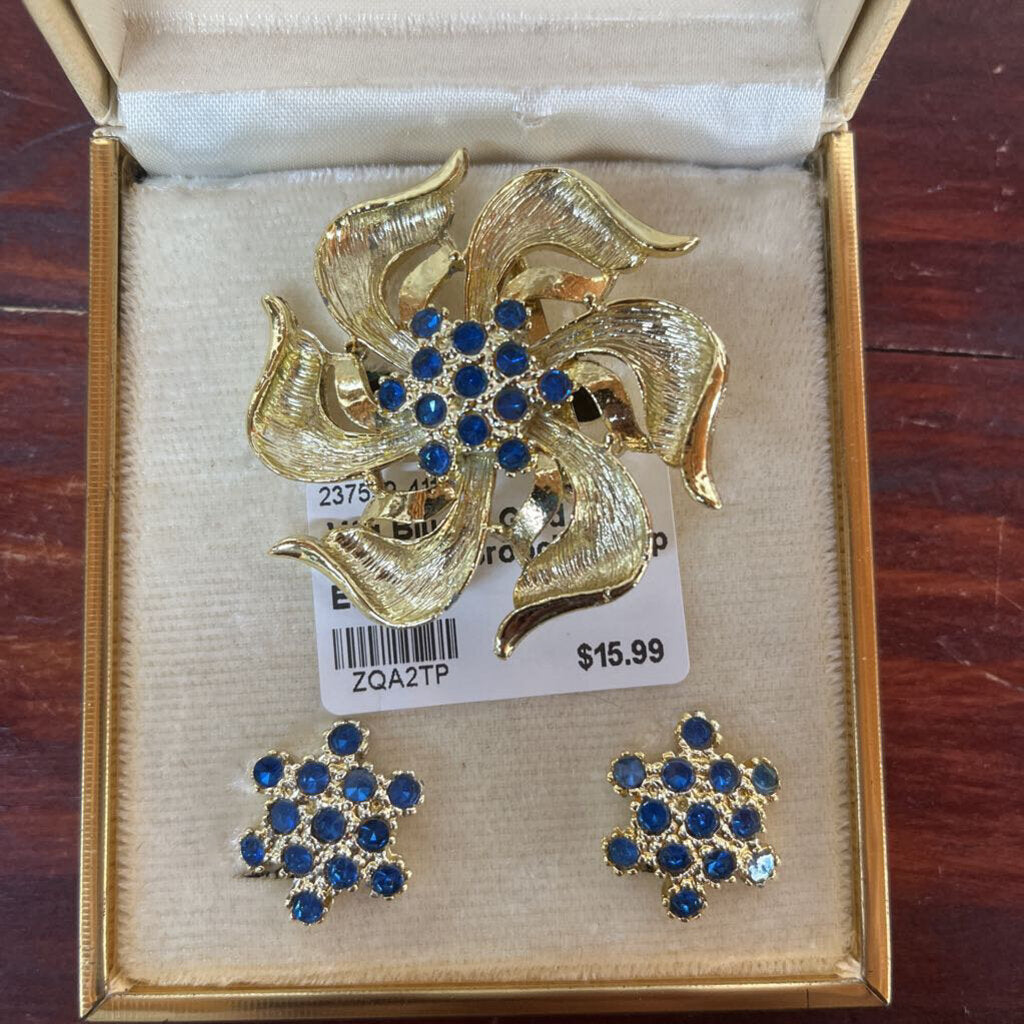 VINTAGE BLUE & GOLD CAMELOT BROOCH & CLIP EARRINGS-Thriftique Marketplace