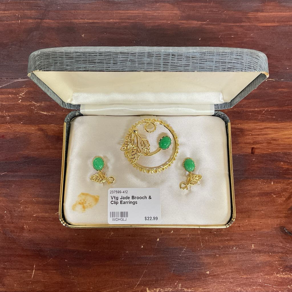 VINTAGE JADE BROOCH & CLIP EARRINGS-Thriftique Marketplace