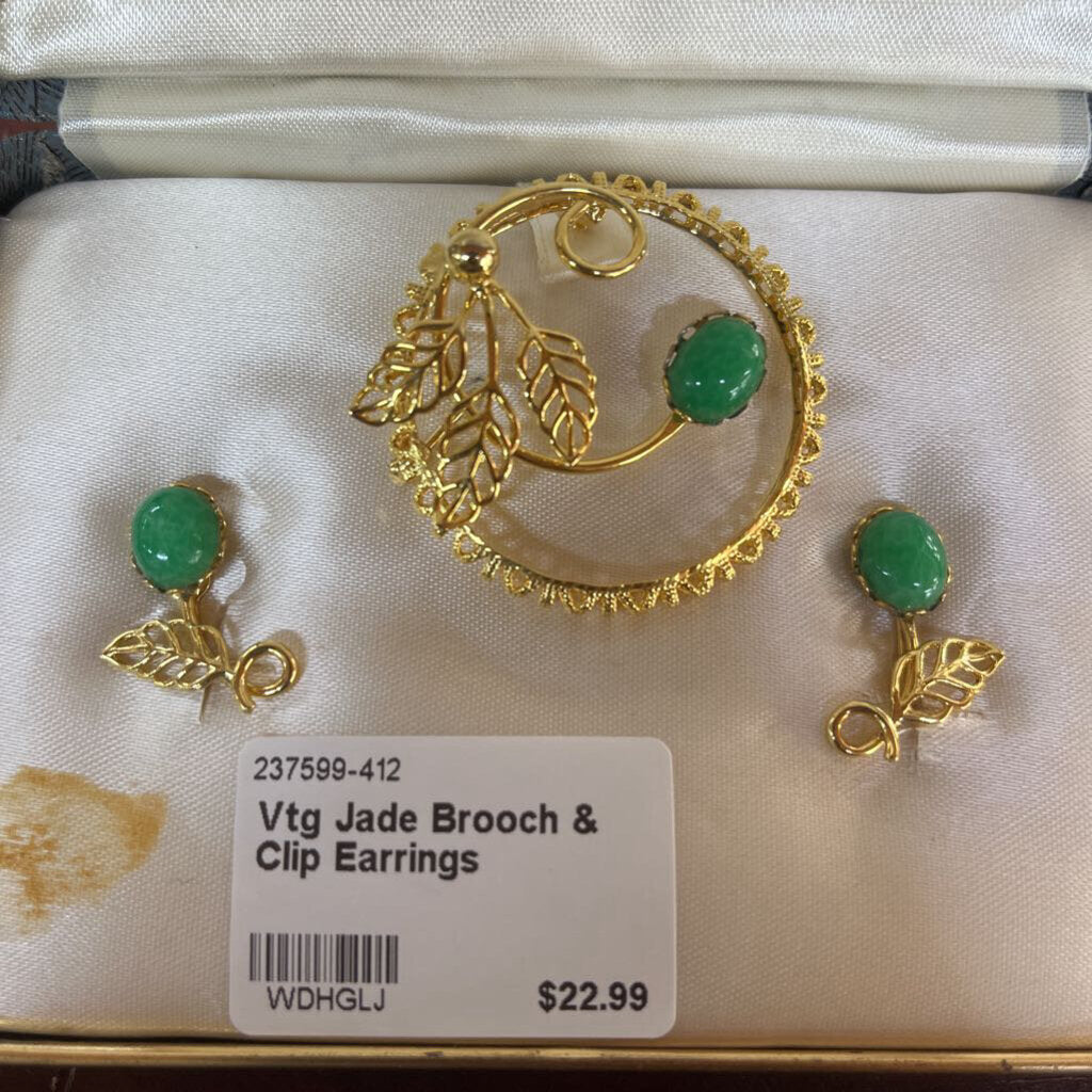 VINTAGE JADE BROOCH & CLIP EARRINGS-Thriftique Marketplace