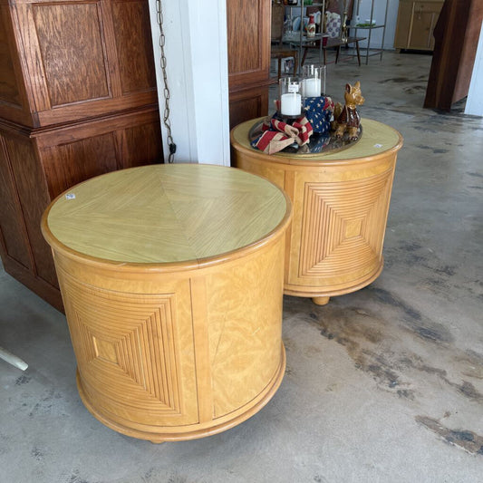 Thriftique Marketplace-PAIR ROUND REED RATTAN BENT WOOD DRUM TABLES