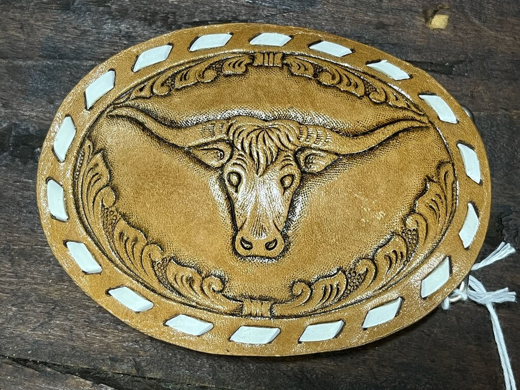 TOOLED LEATHER LONGHORN BELT BUCKLE