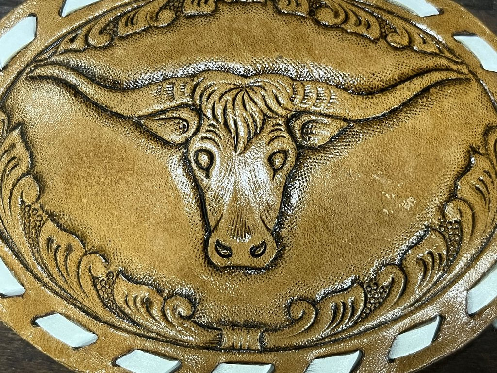 TOOLED LEATHER LONGHORN BELT BUCKLE