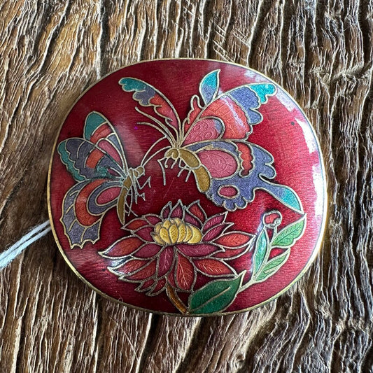 Vtg Cloisonne Butterfly Belt Buckle Red