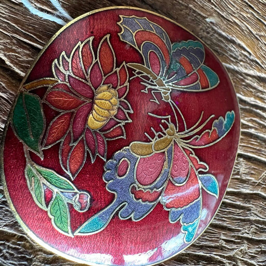Vtg Cloisonne Butterfly Belt Buckle Red