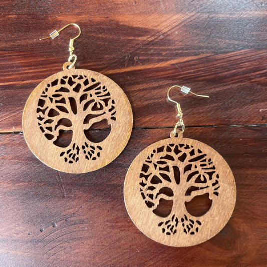 LARGE WOOD TREE EARRINGS